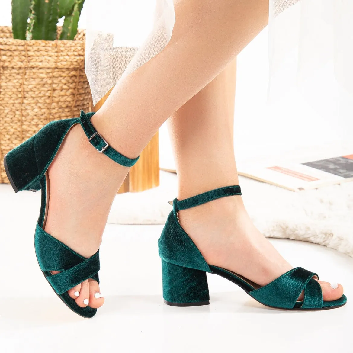 Aurora - Green Velvet Low Heel Sandals