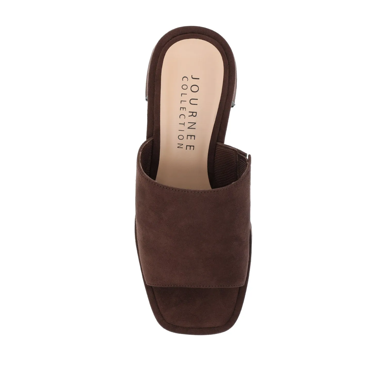 BESSA BLOCK HEELED MULES IN FAUX SUEDE