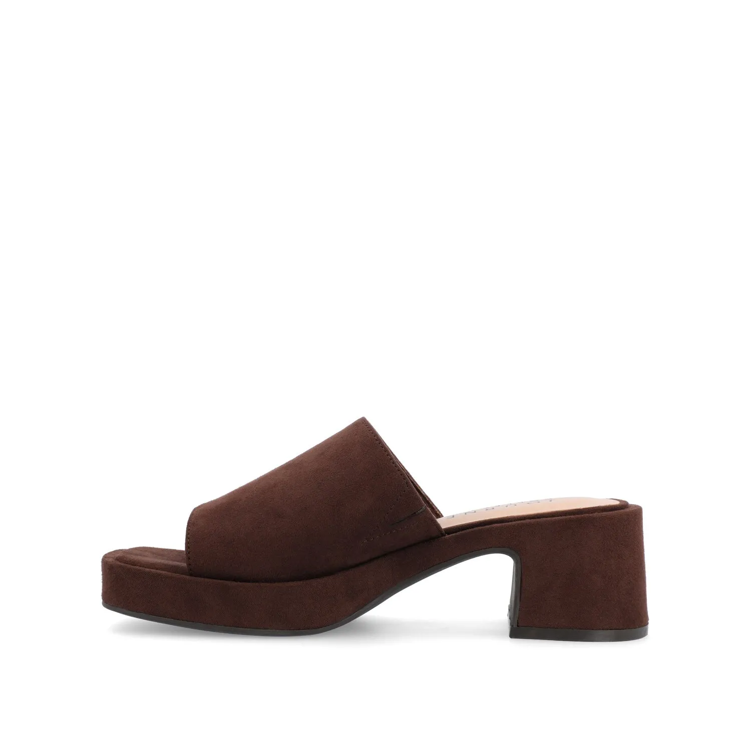 BESSA BLOCK HEELED MULES IN FAUX SUEDE