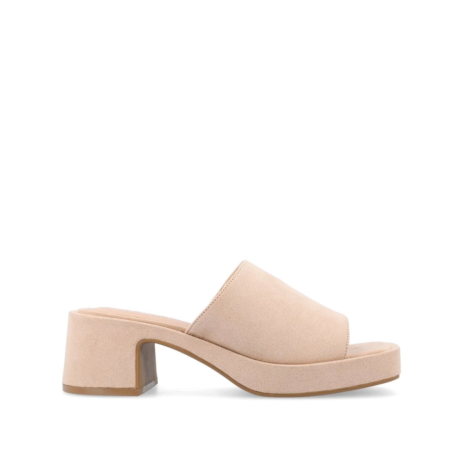 BESSA BLOCK HEELED MULES IN FAUX SUEDE