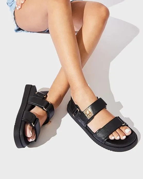 Black Leather Buckle Strap Comfy Open Toe Sandals