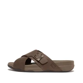 FitFlop Surfer Buckle Nubuck Mens Cross Slides Chocolate Brown