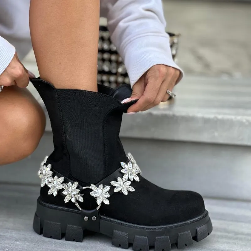 Flower-Shaped Rhinestone Suede Boots