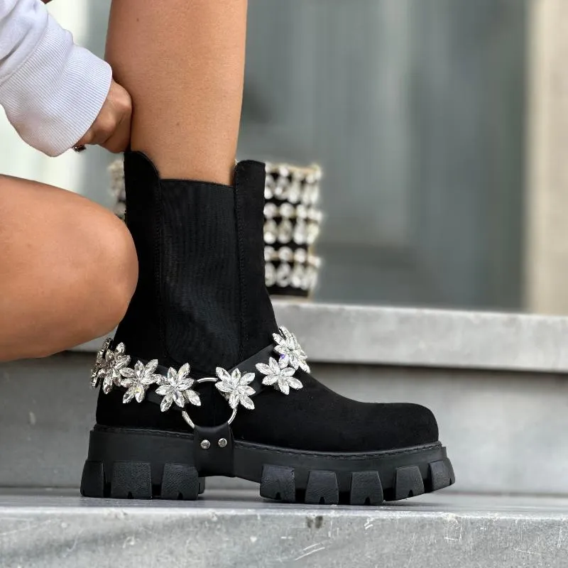 Flower-Shaped Rhinestone Suede Boots