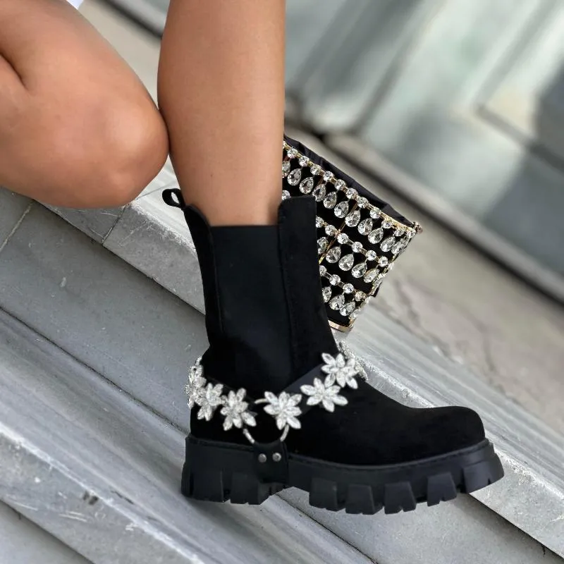 Flower-Shaped Rhinestone Suede Boots