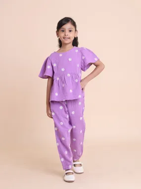 Girls Daisy Embroidered Purple Cotton 2-Piece Set