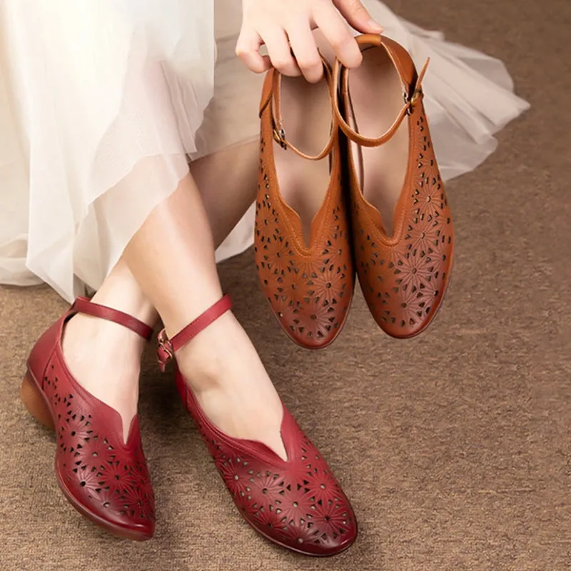 Hollowed Handmade Leather Retro Pointed Toe Ankle Strap Pumps in Wine Red/Khaki