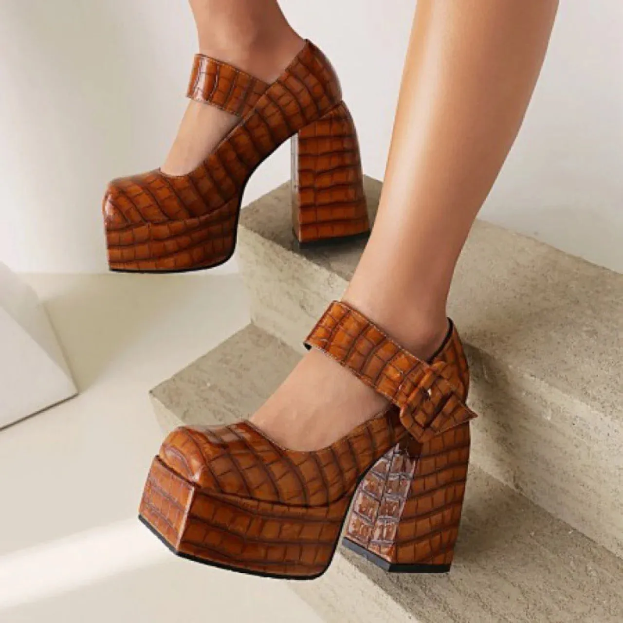 Merendy Handia Square Toe Chunky Heel Mary Jane Pumps Shoes