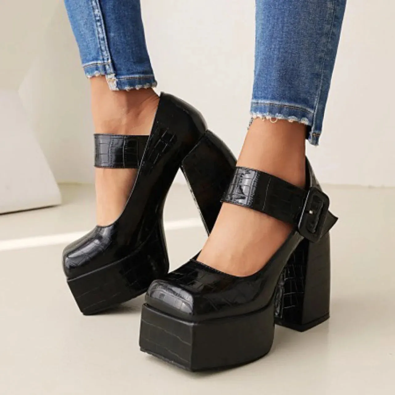 Merendy Handia Square Toe Chunky Heel Mary Jane Pumps Shoes