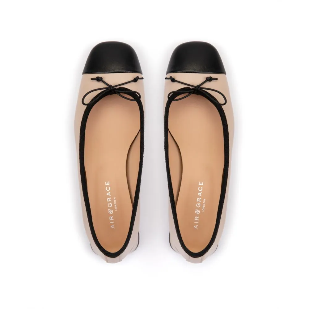 Misty: Beige & Black Leather Block Heel Ballerina