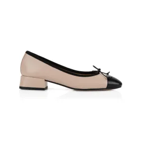 Misty: Beige & Black Leather Block Heel Ballerina