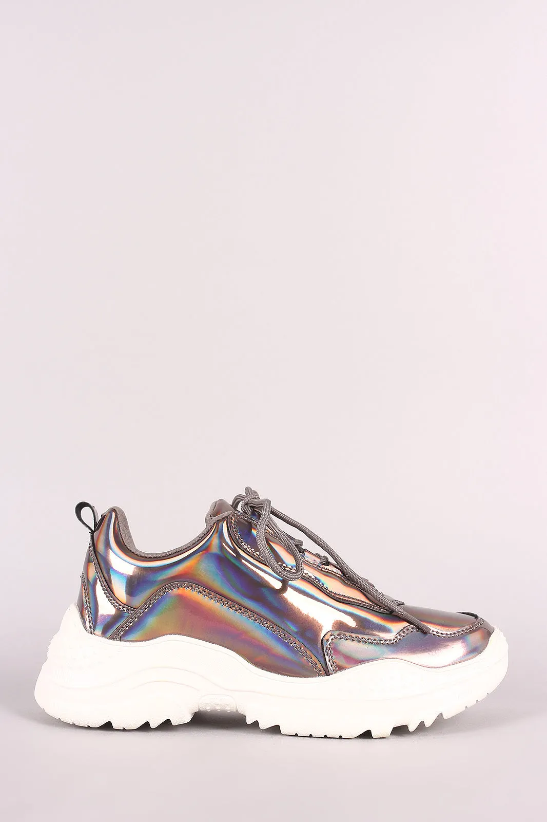 Qupid Holographic Patent Lace-Up Platform Sneaker