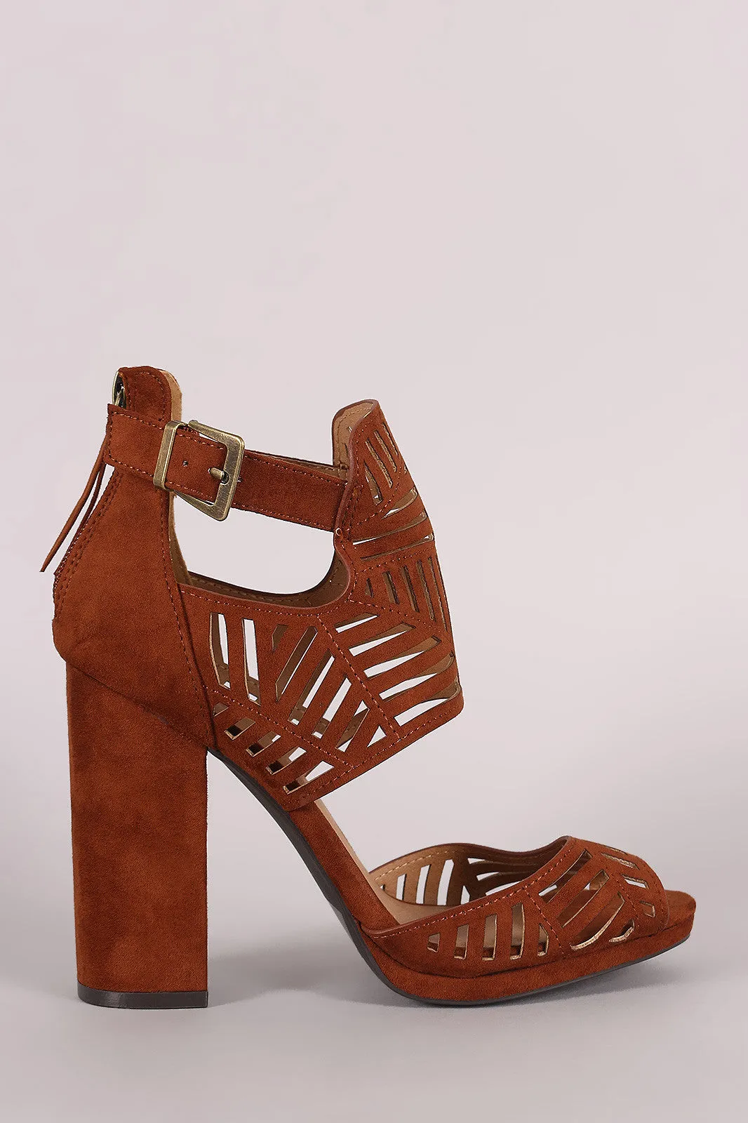 Qupid Perforated Ankle Cuff Peep Toe Chunky Heel