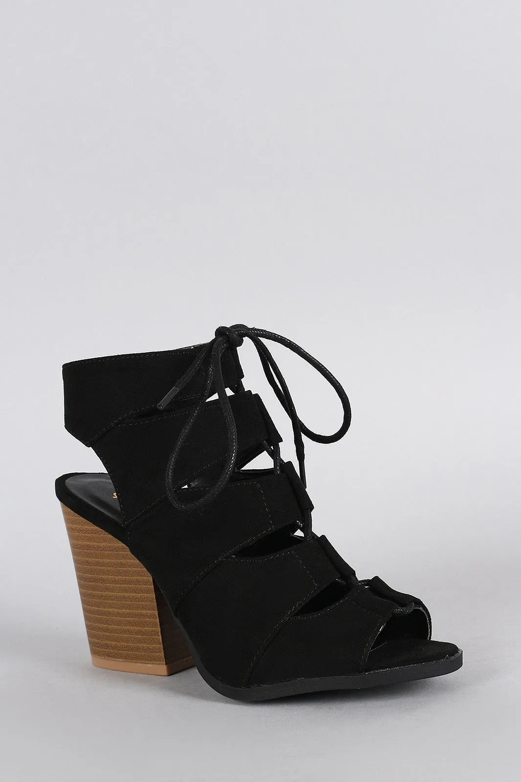 Qupid Suede Peep Toe Corset Lace Up Gladiator Chunky Heel