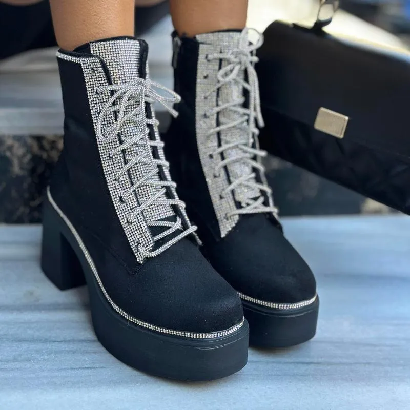 Rhinestone Lace-Up Platform Heel Boots