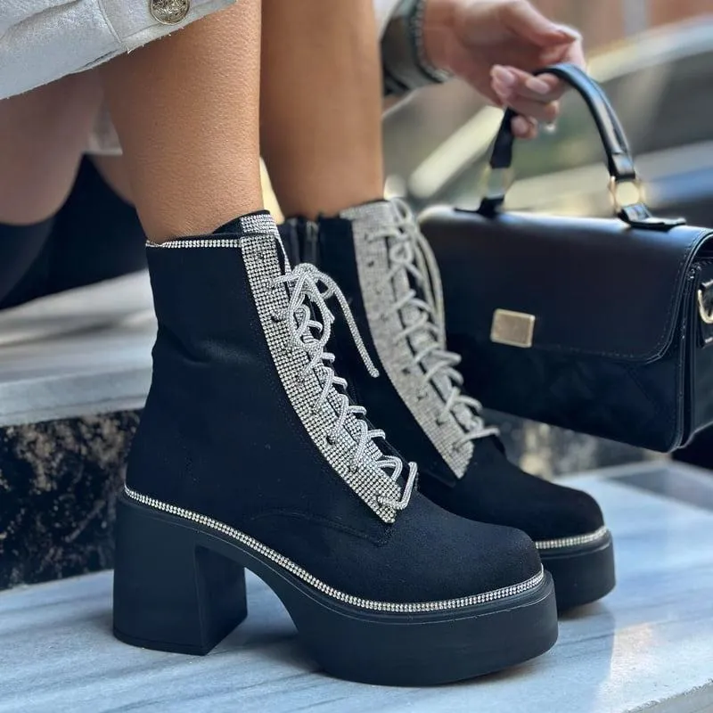 Rhinestone Lace-Up Platform Heel Boots