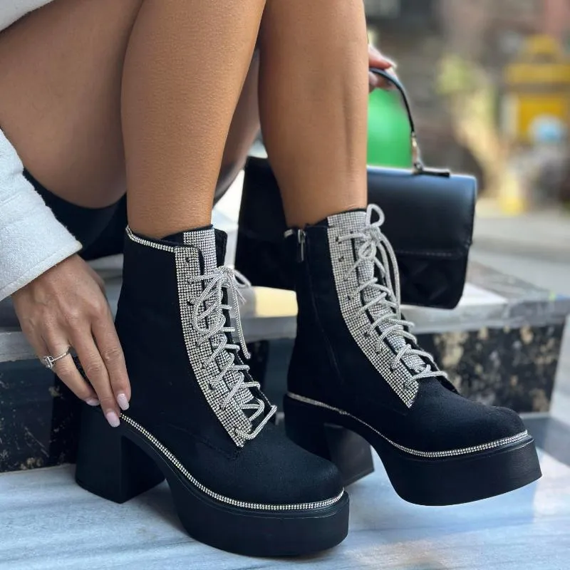 Rhinestone Lace-Up Platform Heel Boots