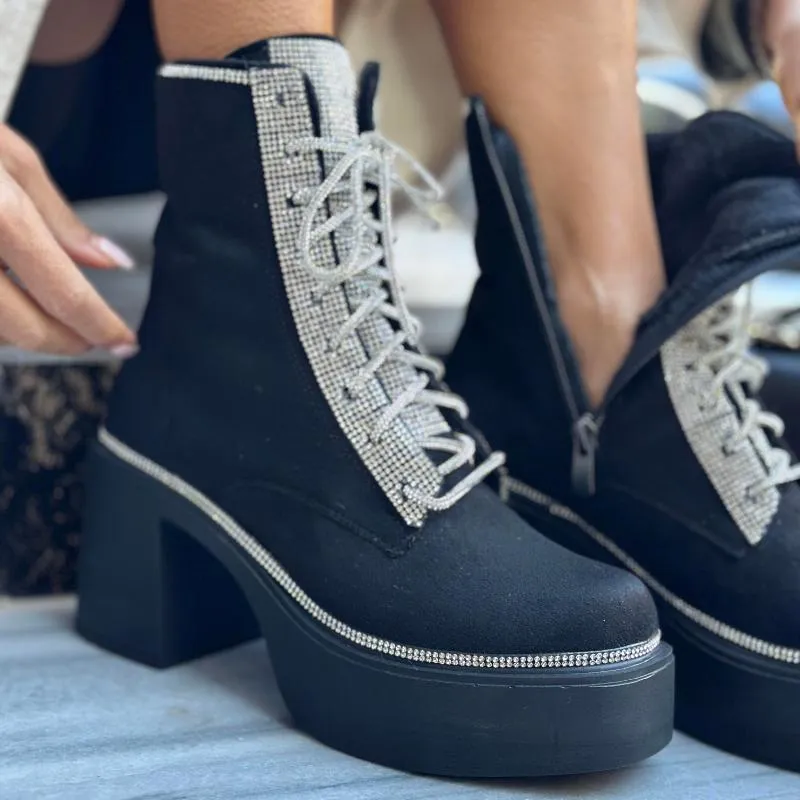 Rhinestone Lace-Up Platform Heel Boots