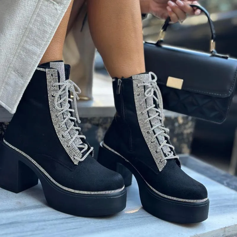 Rhinestone Lace-Up Platform Heel Boots