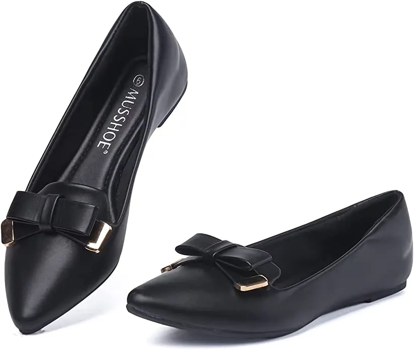 Suede Black Bow Tie Closed Toe Flat Shoes