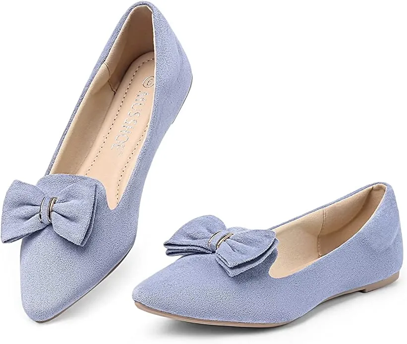 Suede Pink Bow Tie Closed Toe Flat Shoes