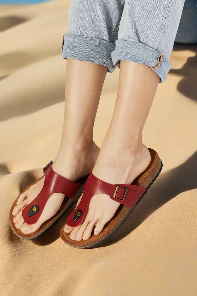 Vegan Cork Shoes Drift Away T-Strap Flip-Flop Boho Minimalist Slip-on Sandals Burgundy