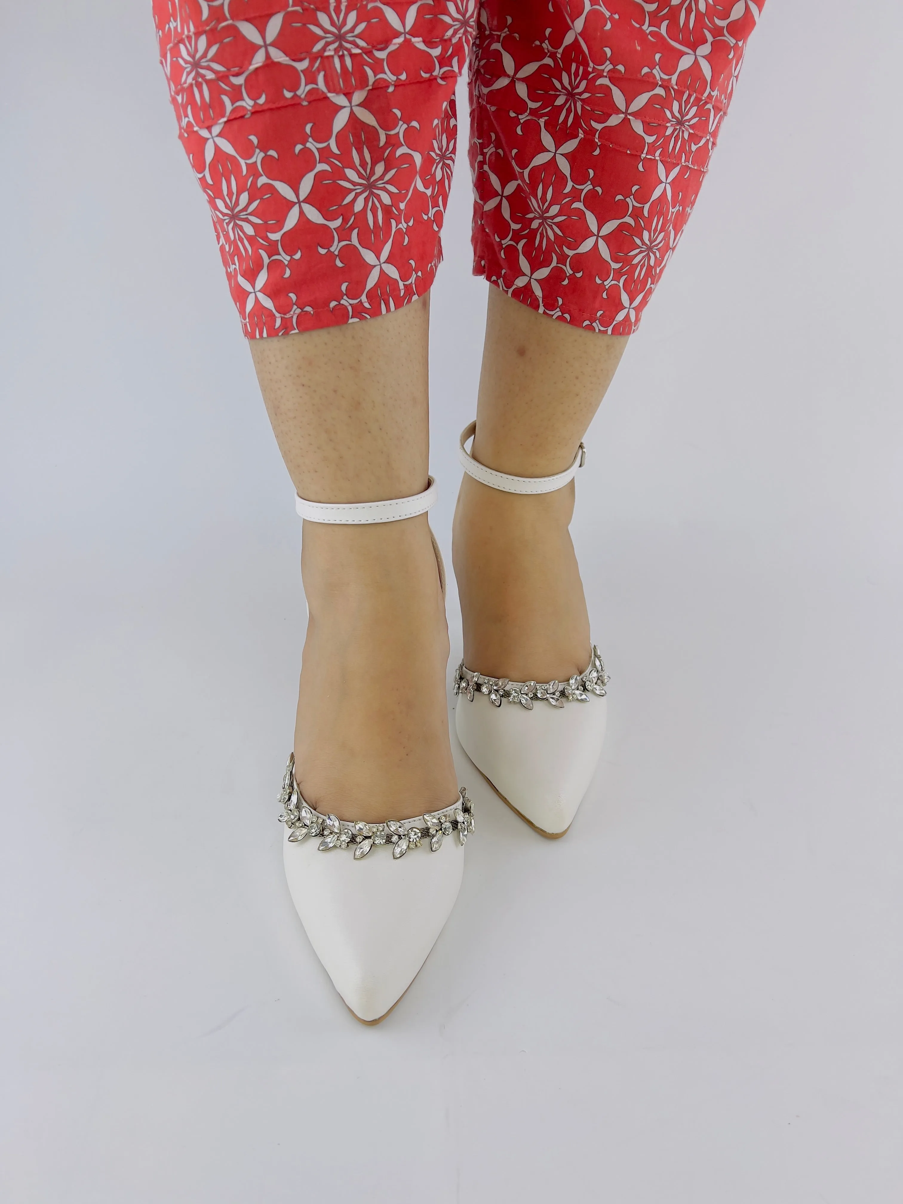 White Petal Flowers Studded Pointed Toe Ankle Strap Leather Heels