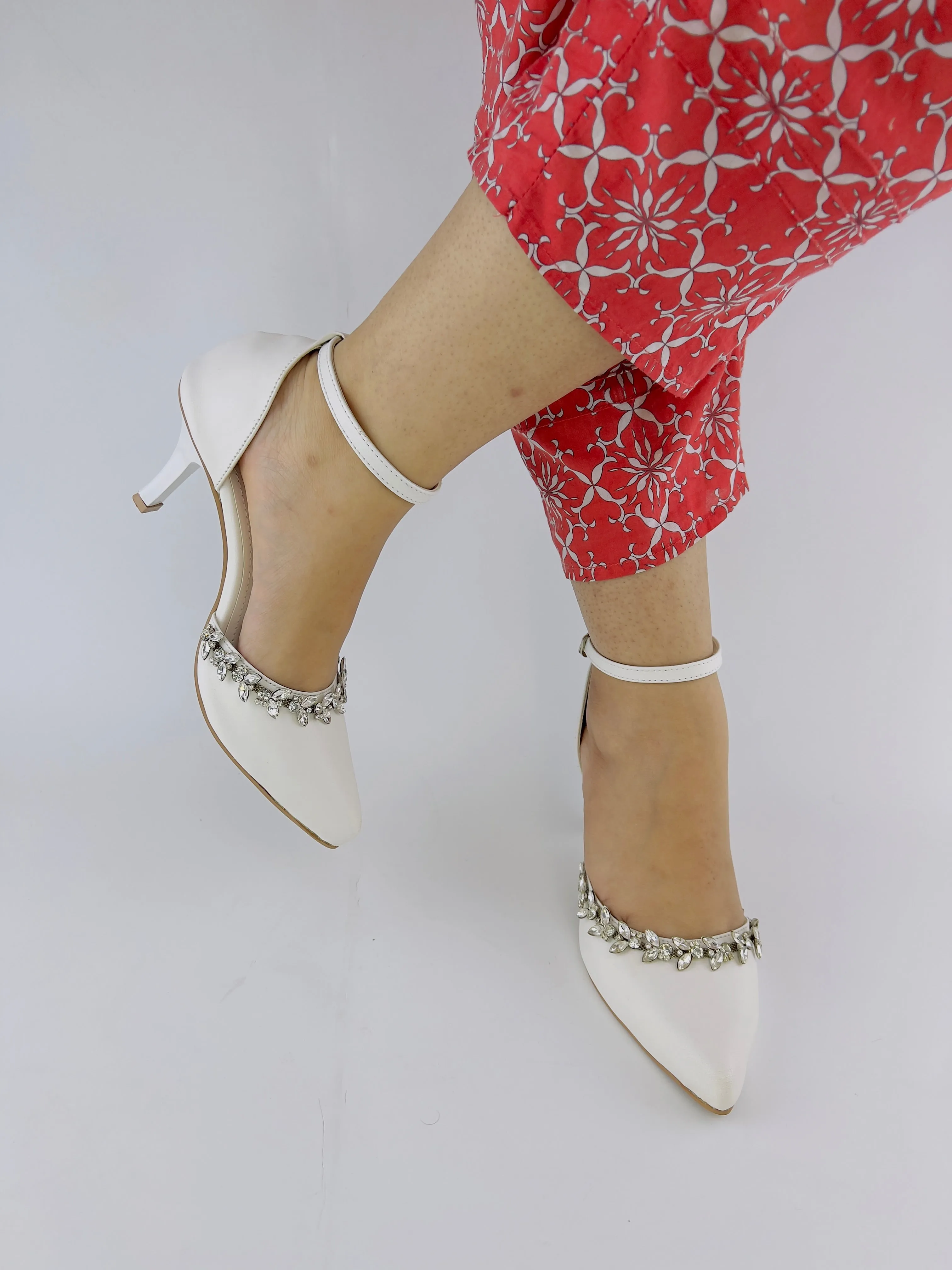 White Petal Flowers Studded Pointed Toe Ankle Strap Leather Heels